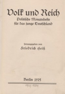 Volk und Reich. Politische Monatshefte für das junge Deutschland, 1925