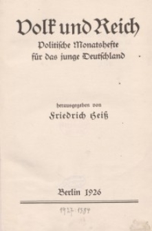 Volk und Reich. Politische Monatshefte für das junge Deutschland, 1926
