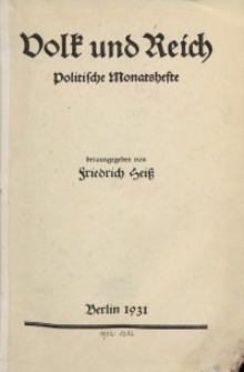 Volk und Reich. Politische Monatshefte für das junge Deutschland, 1930