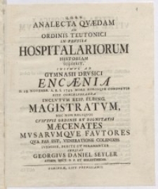 Analecta quaedam ad Ordinis Teutonici in Prussia Hospitalariorum historiam suggerit (28.11.1743)