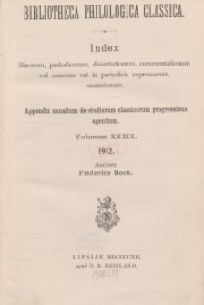 Bibliotheca Philologica Classica : index, Jg.1912, Bd.39.