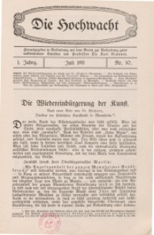 Die Hochwacht : Monatsschrift zur Pflege der geistigen und sittlichen Volksgesundheit, 1. Jg., 1911, Nr 10.