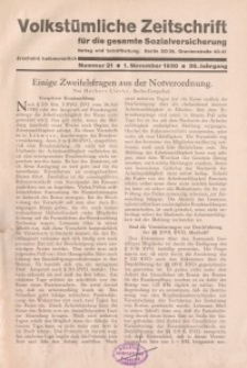 Volkstümliche Zeitschrift für die gesamte Sozialversicherung, 36. Jahrgang, 1930, H. 21
