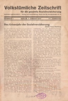 Volkstümliche Zeitschrift für die gesamte Sozialversicherung, 37. Jahrgang, 1931, H. 1