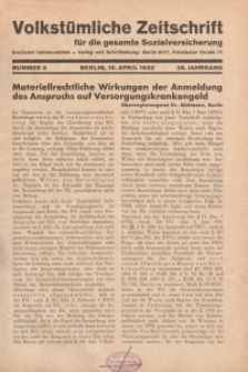 Volkstümliche Zeitschrift für die gesamte Sozialversicherung, 38. Jahrgang, 1932, H. 8