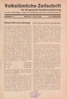 Volkstümliche Zeitschrift für die gesamte Sozialversicherung, 38. Jahrgang, 1932, H. 13