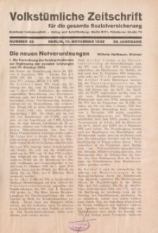 Volkstümliche Zeitschrift für die gesamte Sozialversicherung, 38. Jahrgang, 1932, H. 22