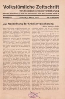Volkstümliche Zeitschrift für die gesamte Sozialversicherung, 39. Jahrgang, 1933, H. 7