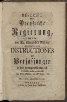 Rescript an die Preussische Regierung...