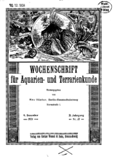 Wochenschrift f&uuml;r Aquarien und Terrarienkunde, 21. Jg. 1924, Nr. 37.