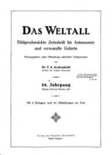 Das Weltall. Bildgeschmückte Zeitschrift für Astronomie und verwandte Gebiete, 1924/1925, H. 1-12.