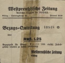 Bezugs-Quittung "Westpreussische Zeitung" - pokwitowanie (kwiecień 1935)