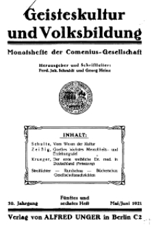 Geisteskultur und Volksbildung. Monatshefte der Comenius-Gesellschaft für Kultur und Geistesleben, 1921, 30. Band, Heft 5/6