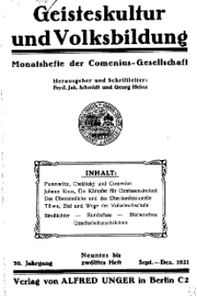 Geisteskultur und Volksbildung. Monatshefte der Comenius-Gesellschaft für Kultur und Geistesleben, 1921, 30. Band, Heft 9/12