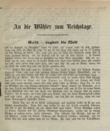 An die Wähler zum Reichstage. Geld regiert die Welt