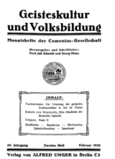 Geisteskultur und Volksbildung. Monatshefte der Comenius-Gesellschaft für Kultur und Geistesleben, 1920, 29. Band, Heft 2