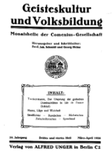 Geisteskultur und Volksbildung. Monatshefte der Comenius-Gesellschaft für Kultur und Geistesleben, 1920, 29. Band, Heft 3-4