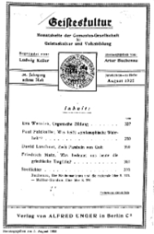 Geisteskultur. Monatshefte der Comenius-Gesellschaft für Kultur und Geistesleben, August 1925, 34. Band, Heft 8