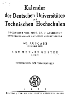 Kalender der Deutschen Universitäten und Technischen Hochschulen 1929