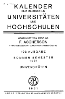 Kalender der Deutschen Universitäten und Hochschulen 1931