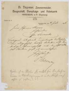 Pismo: Fr. Thürmer, Zimmermeister, Baugeschäft, Dampfsäge- und Hobelwerk