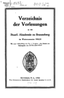 Verzeichnis der Vorlesungen an der Staatl. Akademie zu Braunsberg im Wintersemmester 1934/35