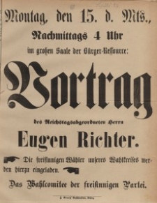 Montag, den 15. d. Mts., Nachmittags 4 Uhr im gro&szlig;en Saale der B&uuml;rger-Ressource: Vortrag