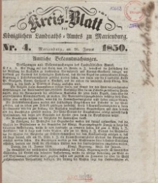 Kreis-Blatt des K&ouml;niglichen Landraths-Amtes zu Marienburg, nr 4, [Sonnabend] 26. January 1850
