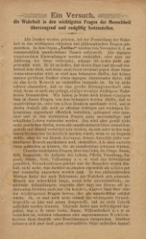 Ein Versuch, die Wahrheit in den wichtigsten Fragen der Menschheit überzeugend und endgiltig festzustellen [ulotka]