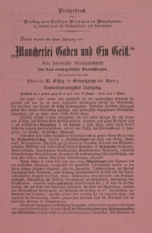 Prospektus. Verlag von Julius Niedner in Wiesbaden [...] Mancherlei Gaben Und Ein Geist: Eine Homiletische Vierteljahrsschrift Für Das Evangel. Deutschland [ulotka]