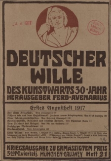 Deutscher Wille, August 1917, H. 21.