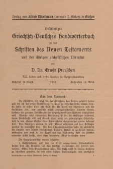 Verlag von Alfred Töpelmann (vormals J. Ricker) in Gießen - Vollständigen Griechisch-Deutschen Handwörterbuchs... [ulotka]