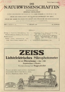 Die Naturwissenschaften. Wochenschrift..., 16. Jg. 1928, 6. Januar, Heft 1.