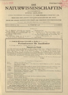 Die Naturwissenschaften. Wochenschrift..., 16. Jg. 1928, 10. Februar, Heft 6.