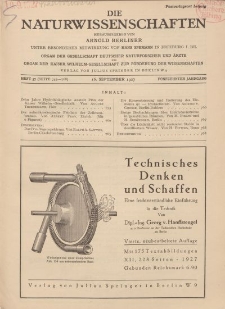 Die Naturwissenschaften. Wochenschrift..., 15. Jg. 1927, 16. September, Heft 37.