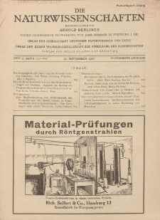 Die Naturwissenschaften. Wochenschrift..., 15. Jg. 1927, 30. September, Heft 39.