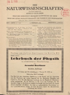 Die Naturwissenschaften. Wochenschrift..., 13. Jg. 1925, 13. Februar, Heft 7.