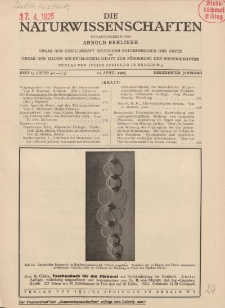 Die Naturwissenschaften. Wochenschrift..., 13. Jg. 1925, 10. April, Heft 15.