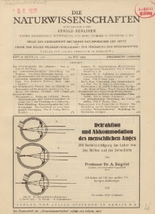 Die Naturwissenschaften. Wochenschrift..., 13. Jg. 1925, 29. Mai, Heft 22.