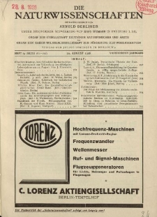 Die Naturwissenschaften. Wochenschrift..., 14. Jg. 1926, 20. August, Heft 34.
