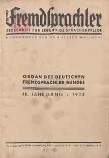 Der Fremdsprachler : Zeitschrift für lebendige Sprachen-Pflege Organ des Deutschen (Inhaltsverzeichnis), 1933