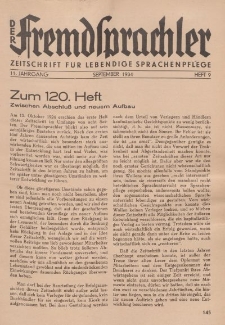 Der Fremdsprachler : Zeitschrift für lebendige Sprachen-Pflege Organ des Deutschen, 11. Jahrgang, September 1934, Heft 9.