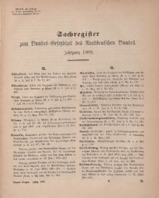 Bundes-Gesetzblatt des Norddeutschen Bundes (Sachregister), 1868