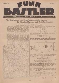 Funk Bastler : Fachblatt des Deutschen Funktechnischen Verbandes E.V., 1. April 1927, Heft 14.
