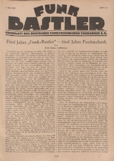 Funk Bastler : Fachblatt des Deutschen Funktechnischen Verbandes E.V., 3. Mai 1929, Heft 18.