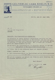 Pismo firmy "Gea Verlag G.M.B.H" w Berlinie do Straży Lotniczej w Elblągu - korespondencja (14.06.1934 r.)