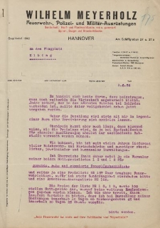 Pismo Firmy Wilhelm Meyerholz. Feuerwehr-Polizei-und Militär-Ausrüstungen Hannower do Straży Lotniczej w Elblągu - korespondencja (01.06.1934)