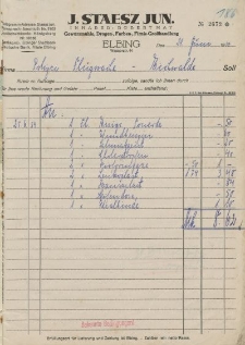 Rachunek wystawiony przez firmę J. Staesz, jun., Elbing (29.06.1934 r.)