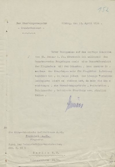 Nadburmistrz Miasta Elbląga - Suedwestdeutsche Luftverkehrs A.G., Frankfurt - pismo z dnia 13.04.1931 r.