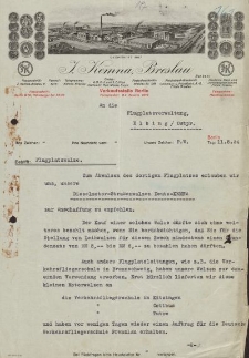 Pismo fabryki J. Kemna, Breslau - Straż Lotnicza w Elblągu - korespondencja oraz oferty reklamowe (11.05.1934 r.)
